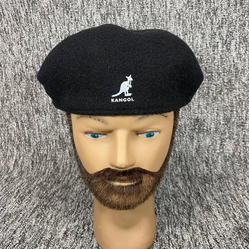 VTG Kangol Wool 504 Flat Cap Hat Men Black Embroidered Kangaroo Logo Driving Cap